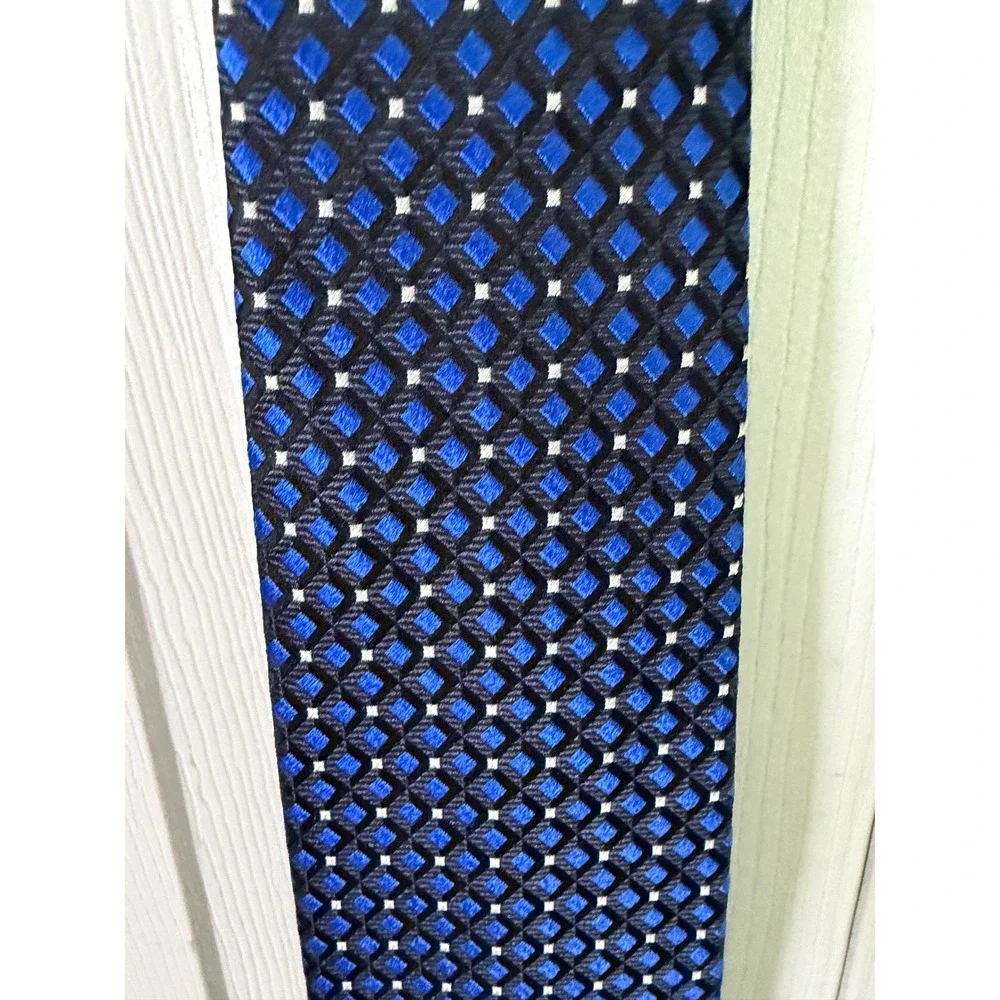 Countess Mara Mens Blue‎ Black Geometric Diamond Silk Tie Hand Made Classic Tie